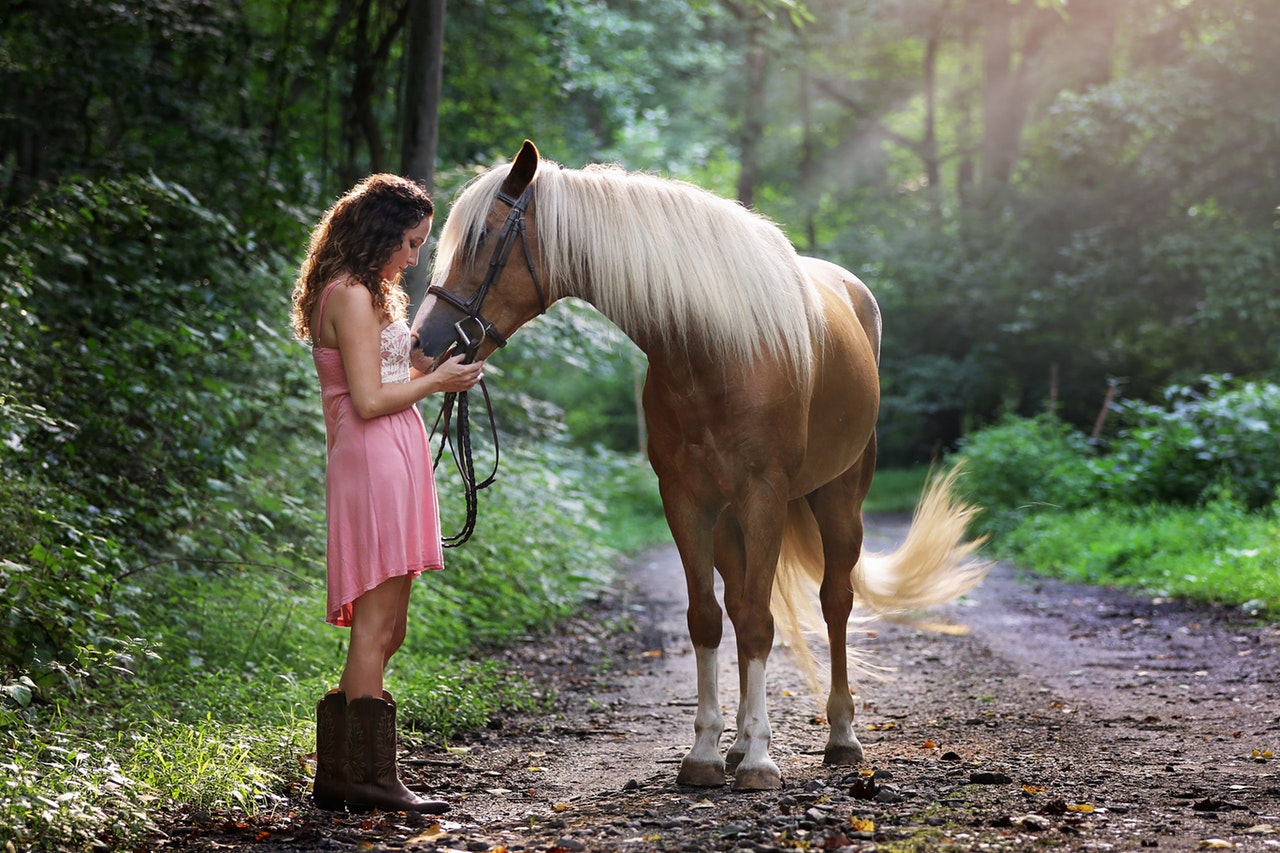 ragazza che abbraccia cavallo in bosco